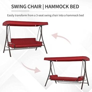 Outsunny 3-Seat Patio Swing Chair, Converting Flatbed, Outdoor Porch Swing Glider with Adjustable Canopy, Removable Cushions, Pillows for Garden, Poolside, Backyard, Red