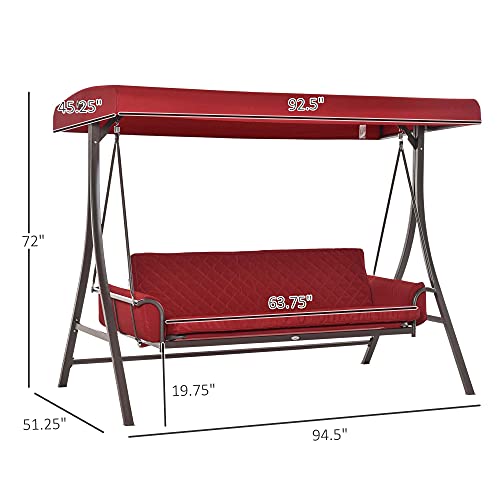 Outsunny 3-Seat Patio Swing Chair, Converting Flatbed, Outdoor Porch Swing Glider with Adjustable Canopy, Removable Cushions, Pillows for Garden, Poolside, Backyard, Red