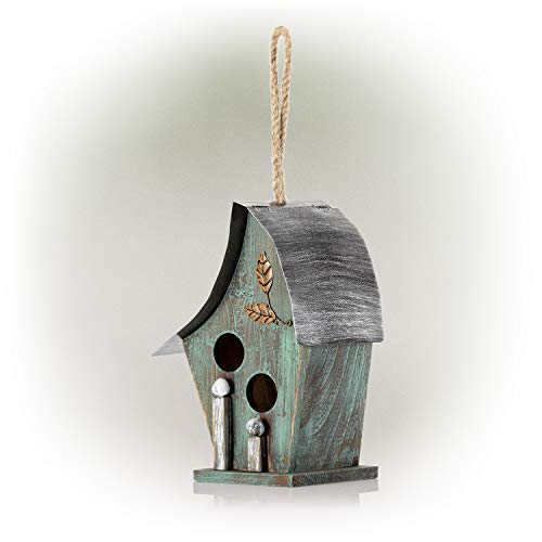 Alpine Corporation YEN134HH-TUR Wooden Birdhouse Outdoor Decor for Garden, Patio, Deck, Porch, 8" L x 6" W x 12" H with Rope: 21”H, Turquoise