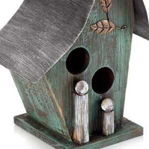 Alpine Corporation YEN134HH-TUR Wooden Birdhouse Outdoor Decor for Garden, Patio, Deck, Porch, 8" L x 6" W x 12" H with Rope: 21”H, Turquoise