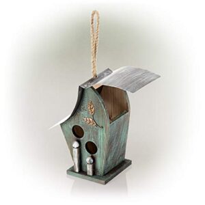 Alpine Corporation YEN134HH-TUR Wooden Birdhouse Outdoor Decor for Garden, Patio, Deck, Porch, 8" L x 6" W x 12" H with Rope: 21”H, Turquoise