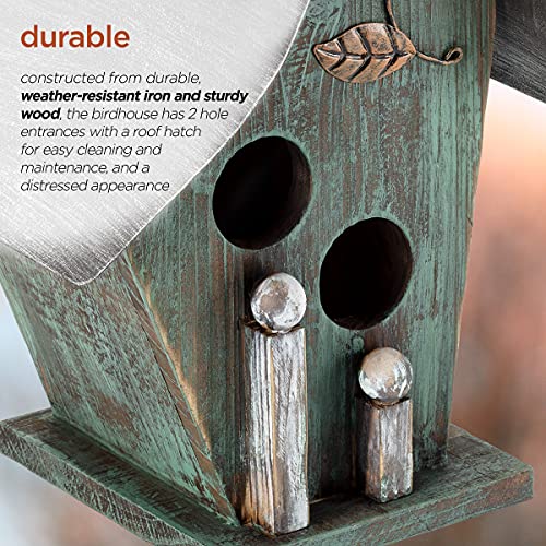 Alpine Corporation YEN134HH-TUR Wooden Birdhouse Outdoor Decor for Garden, Patio, Deck, Porch, 8" L x 6" W x 12" H with Rope: 21”H, Turquoise