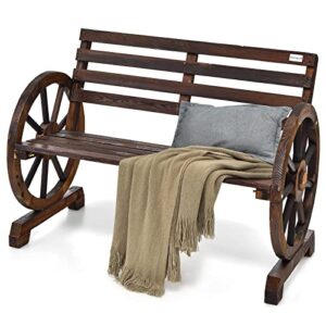 happygrill patio garden bench 2-person seat rustic wooden wheel bench with high back & wide seat, suitable for patio porch garden