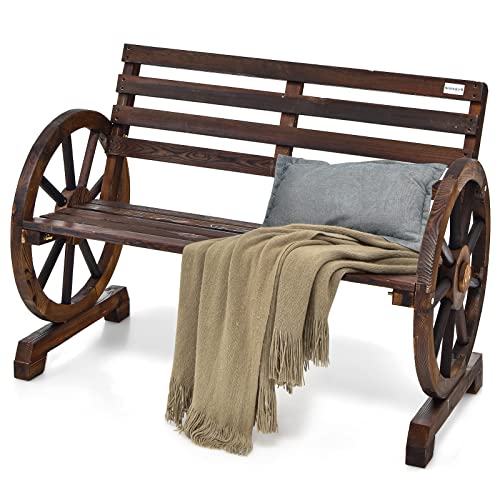 HAPPYGRILL Patio Garden Bench 2-Person Seat Rustic Wooden Wheel Bench with High Back & Wide Seat, Suitable for Patio Porch Garden