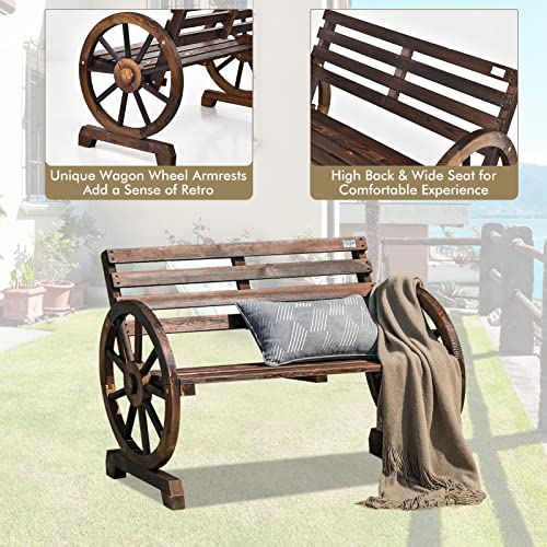 HAPPYGRILL Patio Garden Bench 2-Person Seat Rustic Wooden Wheel Bench with High Back & Wide Seat, Suitable for Patio Porch Garden