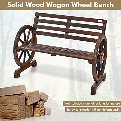 HAPPYGRILL Patio Garden Bench 2-Person Seat Rustic Wooden Wheel Bench with High Back & Wide Seat, Suitable for Patio Porch Garden