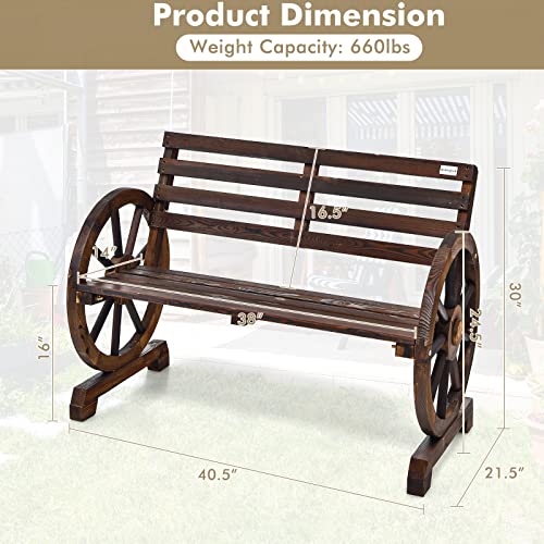 HAPPYGRILL Patio Garden Bench 2-Person Seat Rustic Wooden Wheel Bench with High Back & Wide Seat, Suitable for Patio Porch Garden