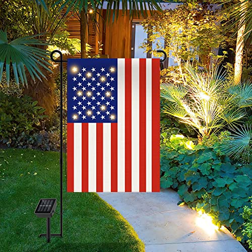 Hopolon American Garden Flags 12 X 18 Inch- 11 Warm White LED Lights with Solar Panel,US USA Double Sided Small American Flag for Holiday,Christmas,Yard, Banner, Patriotic,Outdoor Lawn Decoration