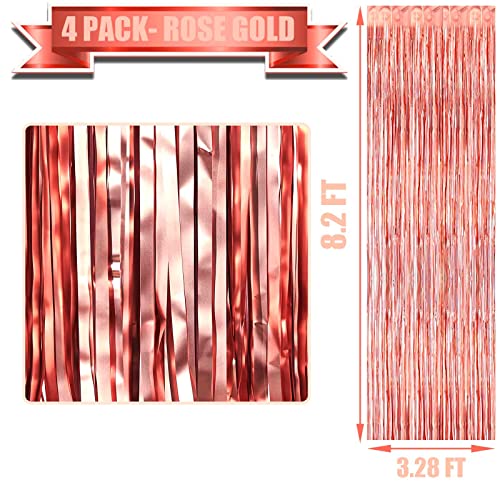 HalloweenDecorate 4 Pack Rose Gold Foil Fringe Curtain Backdrop, 3.28Ft x 8.2Ft Metallic Tinsel Foil Fringe Streamers Curtains for Party,