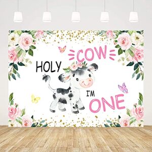 Ticuenicoa 5x3ft Holy Cow I'm One 1st Birthday Backdrop for Girls Baby Shower Photography Background Pink and Gold Floral Animals Bday Backdrops for Party Newborn Kids Supplies Photobooth Props…
