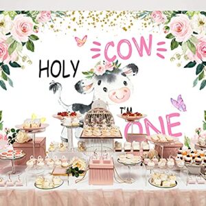 Ticuenicoa 5x3ft Holy Cow I'm One 1st Birthday Backdrop for Girls Baby Shower Photography Background Pink and Gold Floral Animals Bday Backdrops for Party Newborn Kids Supplies Photobooth Props…