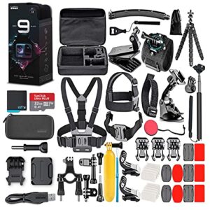 gopro hero9 black – waterproof action camera with front lcd, touch rear screens, 5k video, 20mp photos, 1080p live streaming, stabilization + 32gb card and 50 piece accessory kit – action kit