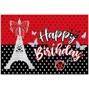 allenjoy 68″ x 45″ ladybug birthday backdrop red and black glitter party supplies decorations photoshoot baby girls kids bday banner eiffel tower bow decor background photo booth props