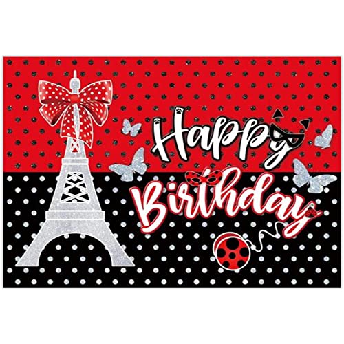 Allenjoy 68" x 45" Ladybug Birthday Backdrop Red and Black Glitter Party Supplies Decorations Photoshoot Baby Girls Kids Bday Banner Eiffel Tower Bow Decor Background Photo Booth Props