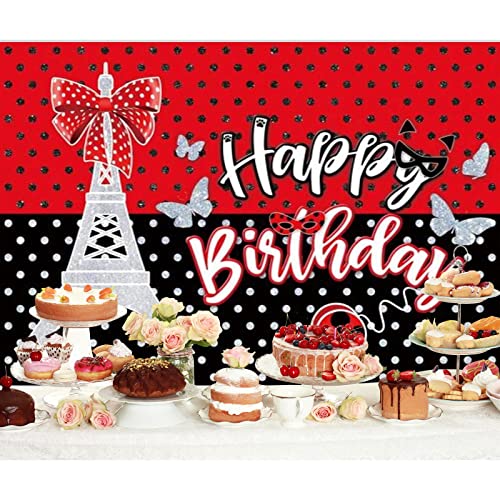 Allenjoy 68" x 45" Ladybug Birthday Backdrop Red and Black Glitter Party Supplies Decorations Photoshoot Baby Girls Kids Bday Banner Eiffel Tower Bow Decor Background Photo Booth Props