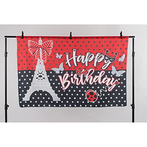 Allenjoy 68" x 45" Ladybug Birthday Backdrop Red and Black Glitter Party Supplies Decorations Photoshoot Baby Girls Kids Bday Banner Eiffel Tower Bow Decor Background Photo Booth Props