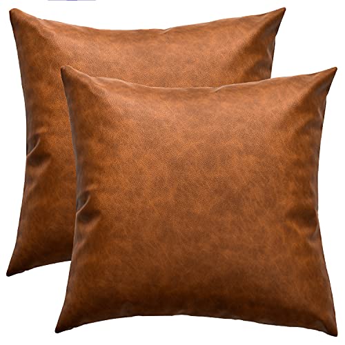 Zceconce Faux Leather Pillow Covers Thick Waterproof Outdoor Throw Pillows for Patio Furniture Couch Sofa Living Room, Set of 2 Large Square 22x22 Inch Brown Pillows