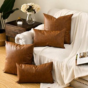 Zceconce Faux Leather Pillow Covers Thick Waterproof Outdoor Throw Pillows for Patio Furniture Couch Sofa Living Room, Set of 2 Large Square 22x22 Inch Brown Pillows