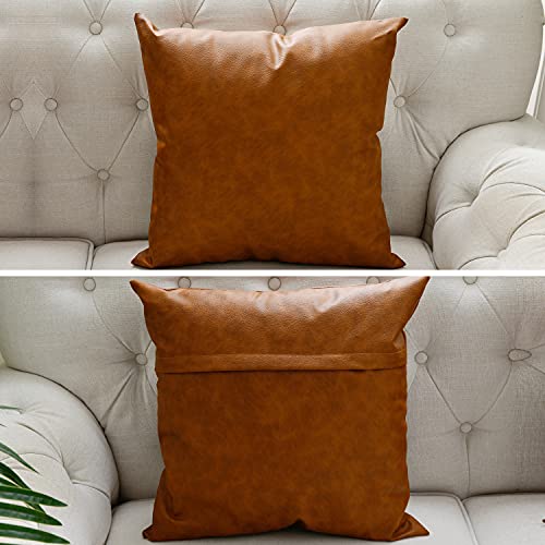 Zceconce Faux Leather Pillow Covers Thick Waterproof Outdoor Throw Pillows for Patio Furniture Couch Sofa Living Room, Set of 2 Large Square 22x22 Inch Brown Pillows