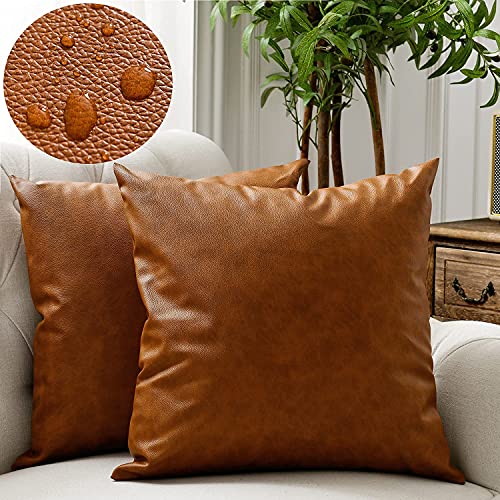 Zceconce Faux Leather Pillow Covers Thick Waterproof Outdoor Throw Pillows for Patio Furniture Couch Sofa Living Room, Set of 2 Large Square 22x22 Inch Brown Pillows