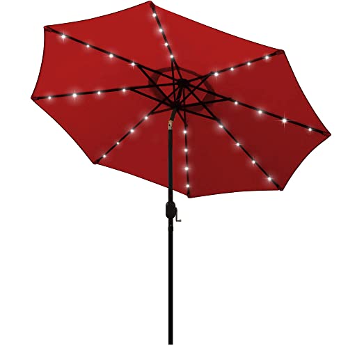 Blissun 9 ft Solar Umbrella 32 LED Lighted Patio Umbrella Table Market Umbrella with Tilt and Crank Outdoor Umbrella for Garden, Deck, Backyard, Pool and Beach (Red)