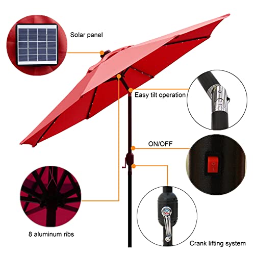 Blissun 9 ft Solar Umbrella 32 LED Lighted Patio Umbrella Table Market Umbrella with Tilt and Crank Outdoor Umbrella for Garden, Deck, Backyard, Pool and Beach (Red)