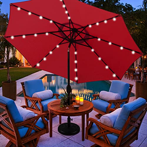 Blissun 9 ft Solar Umbrella 32 LED Lighted Patio Umbrella Table Market Umbrella with Tilt and Crank Outdoor Umbrella for Garden, Deck, Backyard, Pool and Beach (Red)