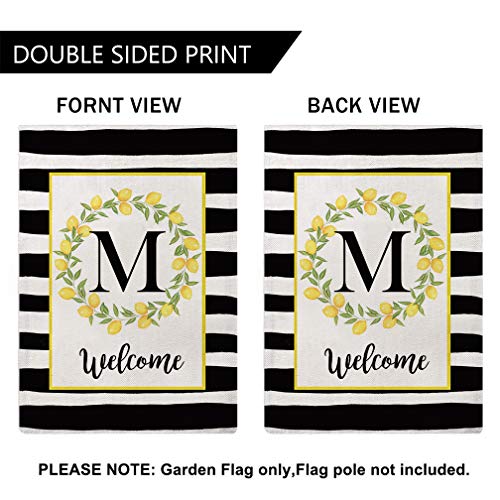 Welcome Farmhouse Decorative Garden Flags with Letter M/Lemons Wreath Double Sided House Yard Patio Outdoor Garden Flags Small Garden Flag 12.5×18 Inch (M)