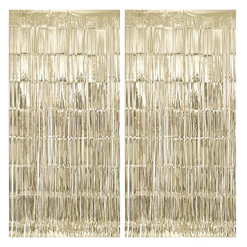 Stafih Foil Fringe Curtains 2PCS 8ft x 3ft Metallic Tinsel Photo Booth Backdrop for Wedding Birthday Bachelorette Christmas Party Decorations(Champagne)