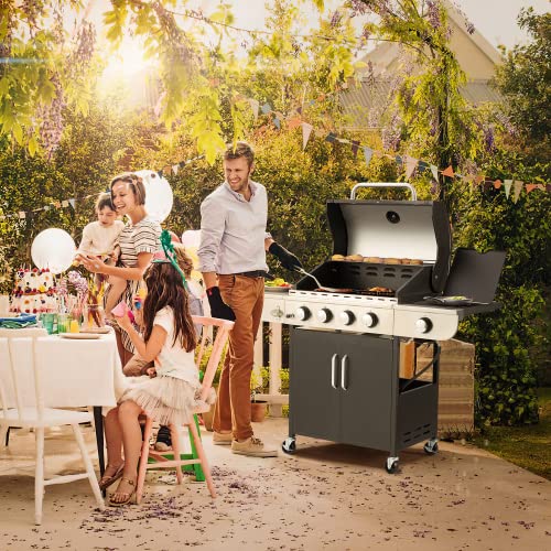 MELLCOM 4 Burner BBQ Propane Gas Grill, 36,000 BTU Stainless Steel Patio Garden Barbecue Grill with Stove and Side Table