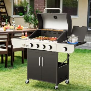 MELLCOM 4 Burner BBQ Propane Gas Grill, 36,000 BTU Stainless Steel Patio Garden Barbecue Grill with Stove and Side Table