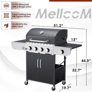 MELLCOM 4 Burner BBQ Propane Gas Grill, 36,000 BTU Stainless Steel Patio Garden Barbecue Grill with Stove and Side Table
