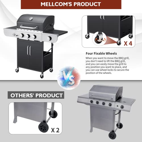 MELLCOM 4 Burner BBQ Propane Gas Grill, 36,000 BTU Stainless Steel Patio Garden Barbecue Grill with Stove and Side Table