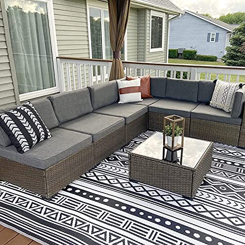 Kinsunny 7 Piece Outdoor Patio Furniture Set Wicker Sectional Sofa with 2 Pillows and Tea Table Patio Rattan Conversation Chair Sofa Set