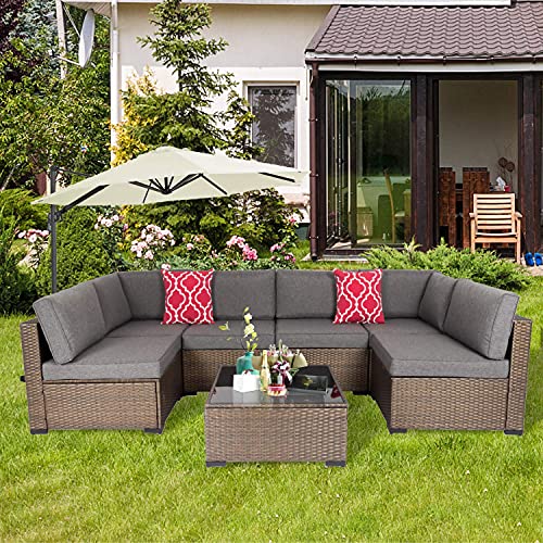 Kinsunny 7 Piece Outdoor Patio Furniture Set Wicker Sectional Sofa with 2 Pillows and Tea Table Patio Rattan Conversation Chair Sofa Set