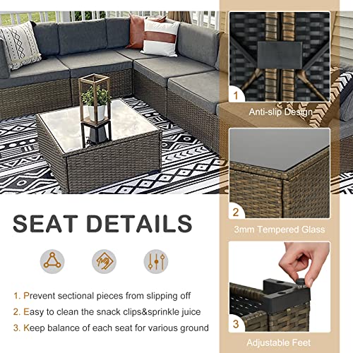 Kinsunny 7 Piece Outdoor Patio Furniture Set Wicker Sectional Sofa with 2 Pillows and Tea Table Patio Rattan Conversation Chair Sofa Set