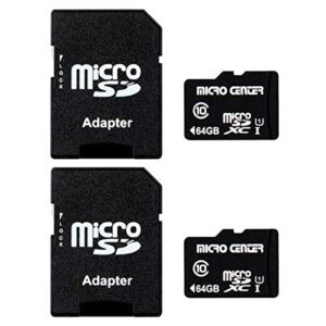 micro center 64gb class 10 microsdxc flash memory card with adapter for mobile device storage phone, tablet, drone & full hd video recording – 80mb/s uhs-i, c10, u1 (2 pack)