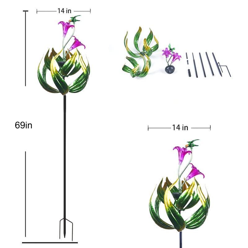 Solar Hummingbird Tulips 69 Inch Wind Catcher for Yard Kinetic Wind Spinner with Garden, Metal Windmill-Kinetic Garden Decoration, 360 Swivel Hummingbird Tulips Outdoor Wind Sculpture Spinners