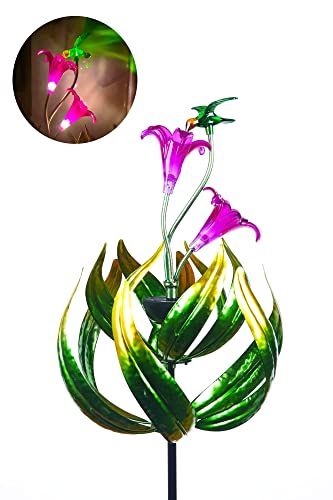 Solar Hummingbird Tulips 69 Inch Wind Catcher for Yard Kinetic Wind Spinner with Garden, Metal Windmill-Kinetic Garden Decoration, 360 Swivel Hummingbird Tulips Outdoor Wind Sculpture Spinners