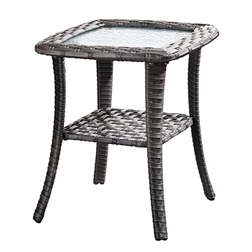 ovios Outdoor Side Table Patio Coffee Table Wicker Rattan Table Garden Tea Table Patio Table with Glass Top for Backyard Deck Balcony, Grey Wicker