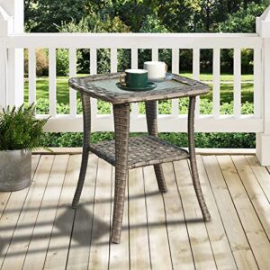 ovios outdoor side table patio coffee table wicker rattan table garden tea table patio table with glass top for backyard deck balcony, grey wicker