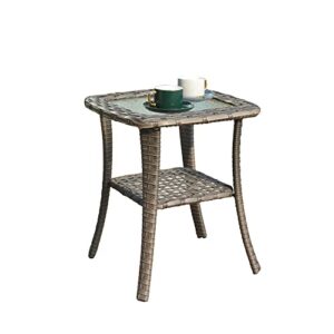 ovios Outdoor Side Table Patio Coffee Table Wicker Rattan Table Garden Tea Table Patio Table with Glass Top for Backyard Deck Balcony, Grey Wicker