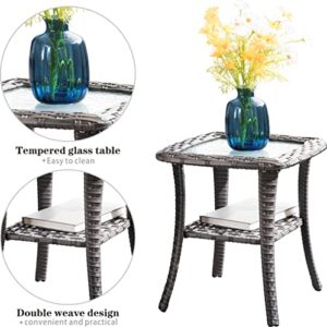 ovios Outdoor Side Table Patio Coffee Table Wicker Rattan Table Garden Tea Table Patio Table with Glass Top for Backyard Deck Balcony, Grey Wicker