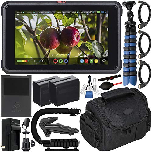 Atomos Ninja V 5" 4K HDMI Recording Monitor with Deluxe Accessory Bundle – Includes: 2X Extended Life NP-F975 Batteries with Charger; Micro, Mini, Standard HDMI Cables; Action Grip Stabilizer & More