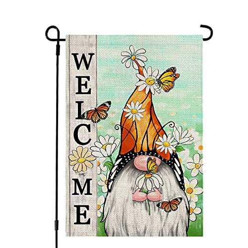 CROWNED BEAUTY Spring Summer Garden Flag Gnome Floral Butterfly Daisy Welcome 12×18 Inch Double Sided Outside Vertical Yard Flag