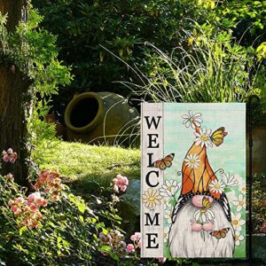 CROWNED BEAUTY Spring Summer Garden Flag Gnome Floral Butterfly Daisy Welcome 12×18 Inch Double Sided Outside Vertical Yard Flag