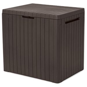 Keter Outdoor Patio Furniture and Hot Tub Side Table with 7.5 Gallon Beer and Wine Cooler, Brown & City 30 Gallon Resin Deck Box for Patio Furniture, Pool Accessories, Brown