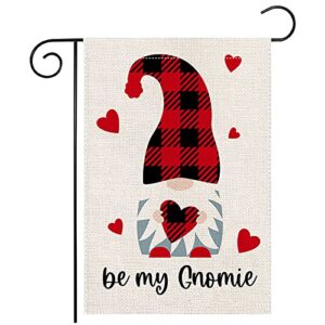 lucleag valentine’s day garden flag, double sided burlap cute valentines gnome heart garden flag for valentine day decor, sweet be my gnomie valentines outdoor garden yard decoration flag, 12.5×18 in