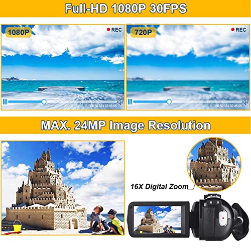 Video Camera Camcorder Full HD 1080P 30FPS 24.0 MP IR Night Vision Vlogging Camera Recorder 3.0 Inch IPS Screen 16X Zoom Camcorders Remote Control with 2 Batteries