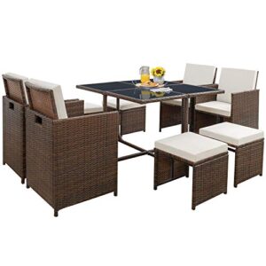 tuoze 9 pieces furniture dining outdoor sectional rattan patio conversation space saving cushioned sets with glass table for garden poolside balcony (brown), beige